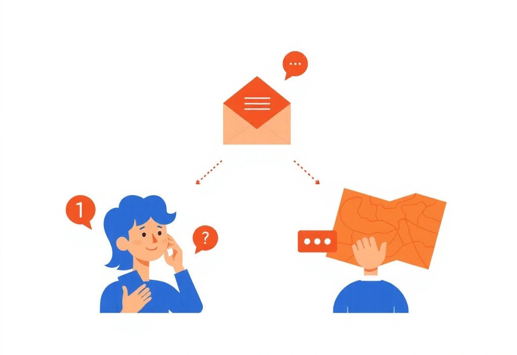 Obraz przedstawiający osobę rozmawiającą przez telefon, wysyłającą e-mail i sprawdzającą mapę, symbolizujący różne formy kontaktu. Nowoczesny, czysty styl.