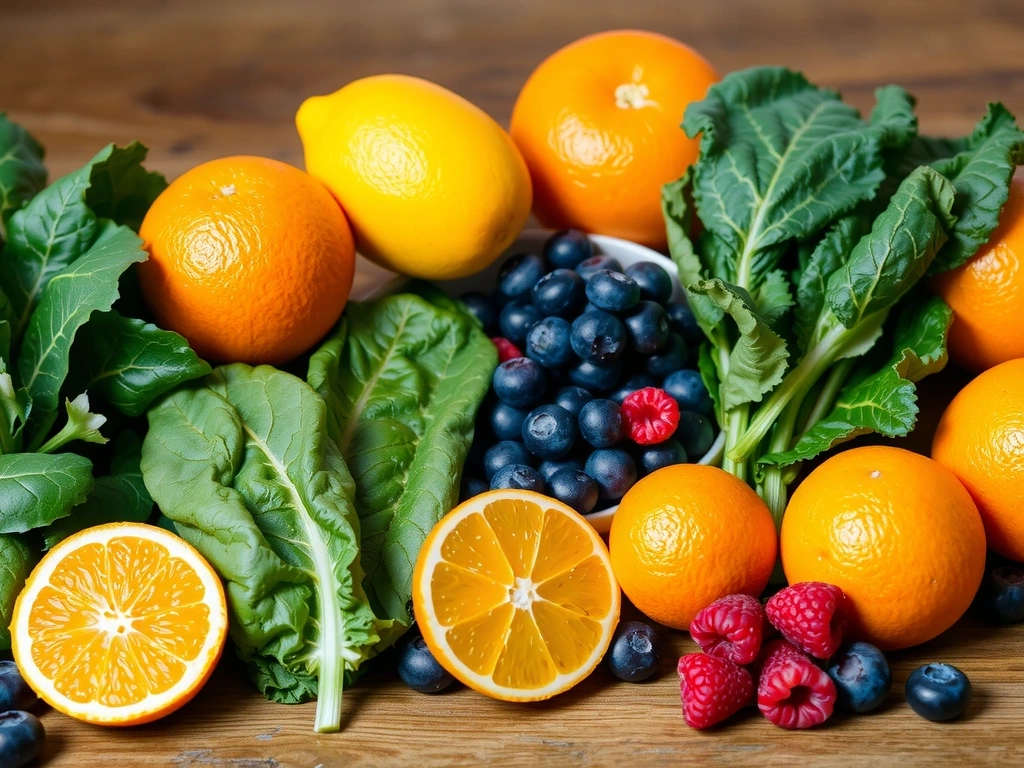 Żywność bogata w witaminy: cytrusy, zielone warzywa liściaste i jagody