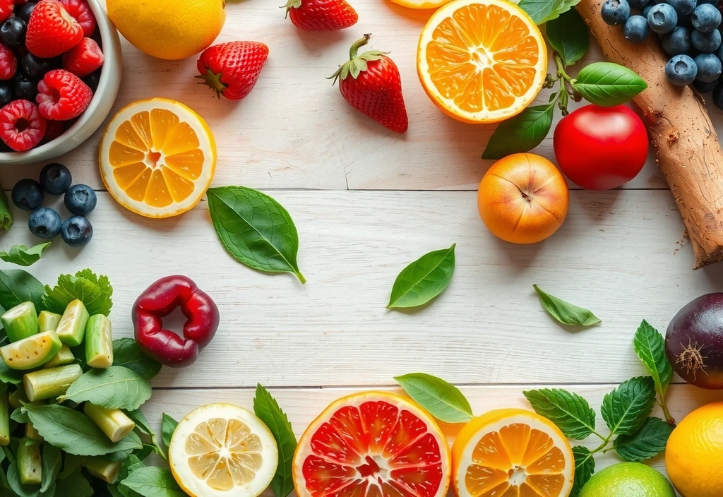 Świeże owoce, warzywa i zioła symbolizujące zdrowie i witalność