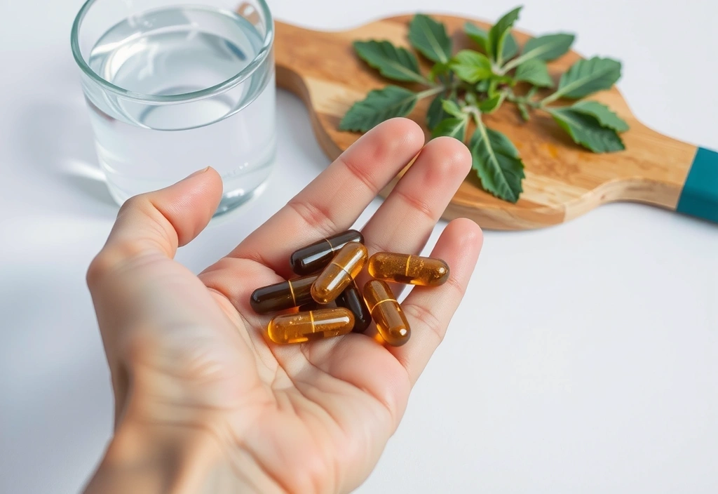 Bliski plan dłoni trzymającej kapsułki suplementów diety, obok zioła i szklanka wody, symbolizujące naturalne wspomaganie zdrowia.